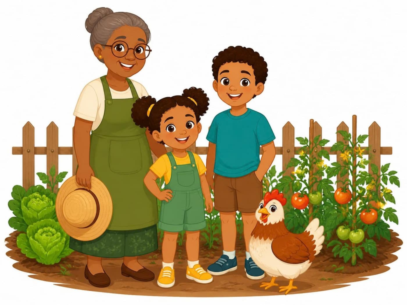 Vó Cida, Tatá, JB e a galinha Pipoca na horta